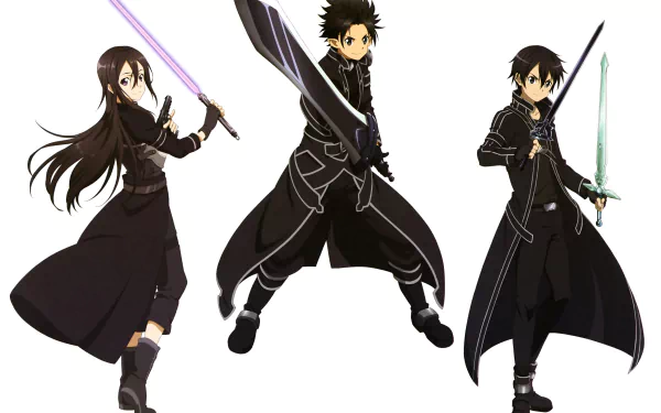 HD desktop wallpaper featuring Kirito from Sword Art Online, depicted in three different poses wielding various swords.