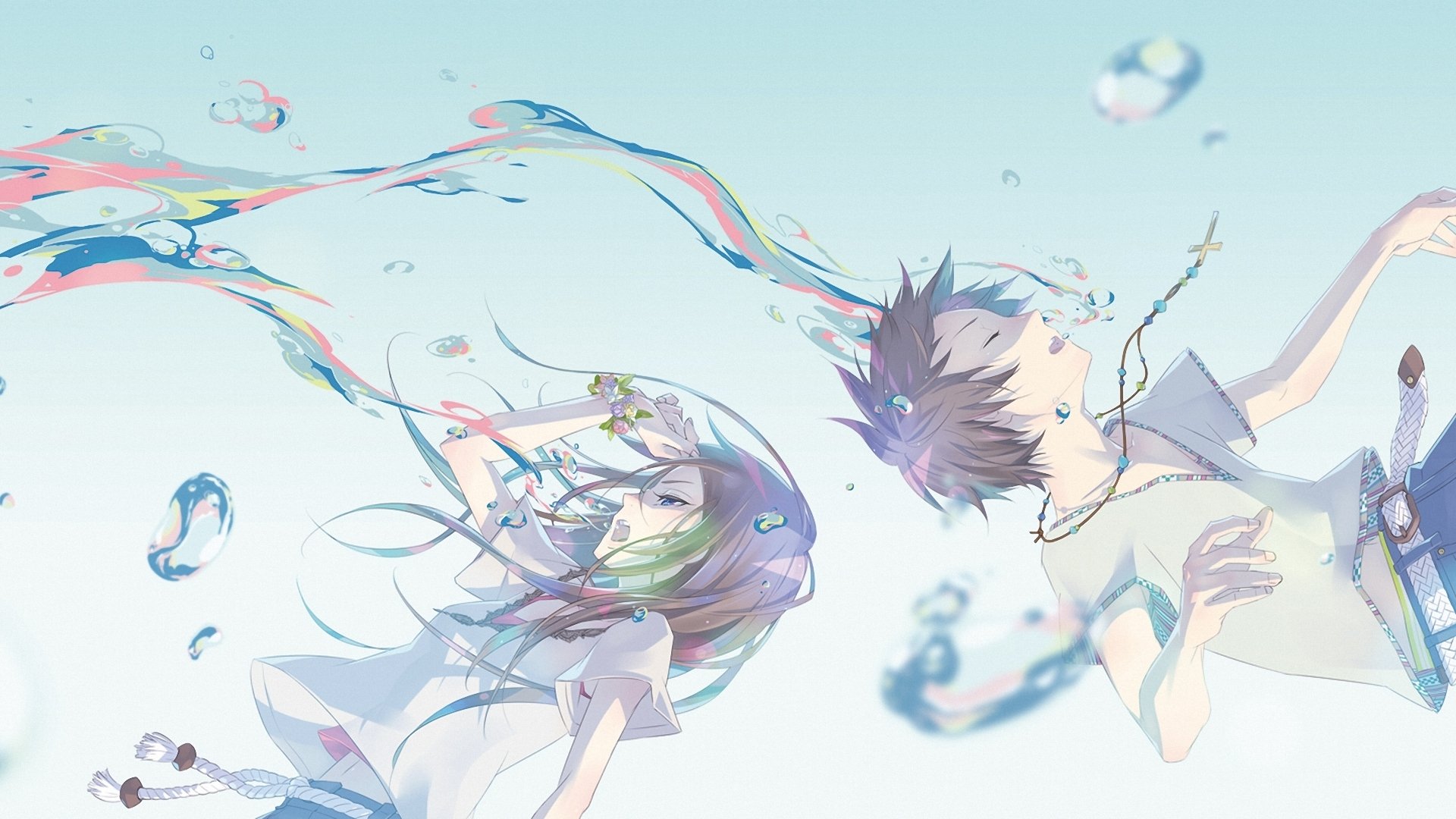 HD anime-style desktop wallpaper of two characters with long brown hair submerged underwater, surrounded by bubbles and light ripples.