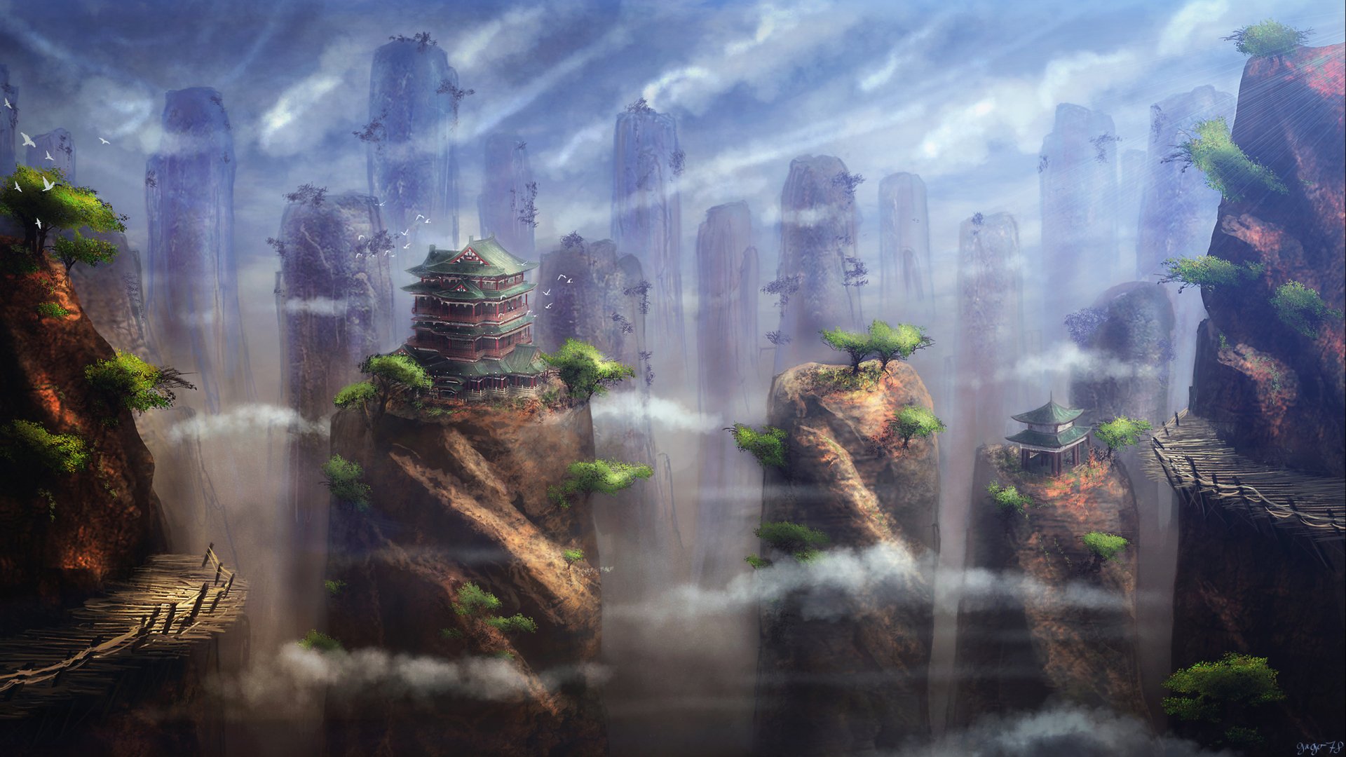 A fantasy landscape featuring a castle on a cliff, surrounded by clouds and a winding path, set against towering rocky formations. This vibrant HD wallpaper evokes a magical atmosphere.