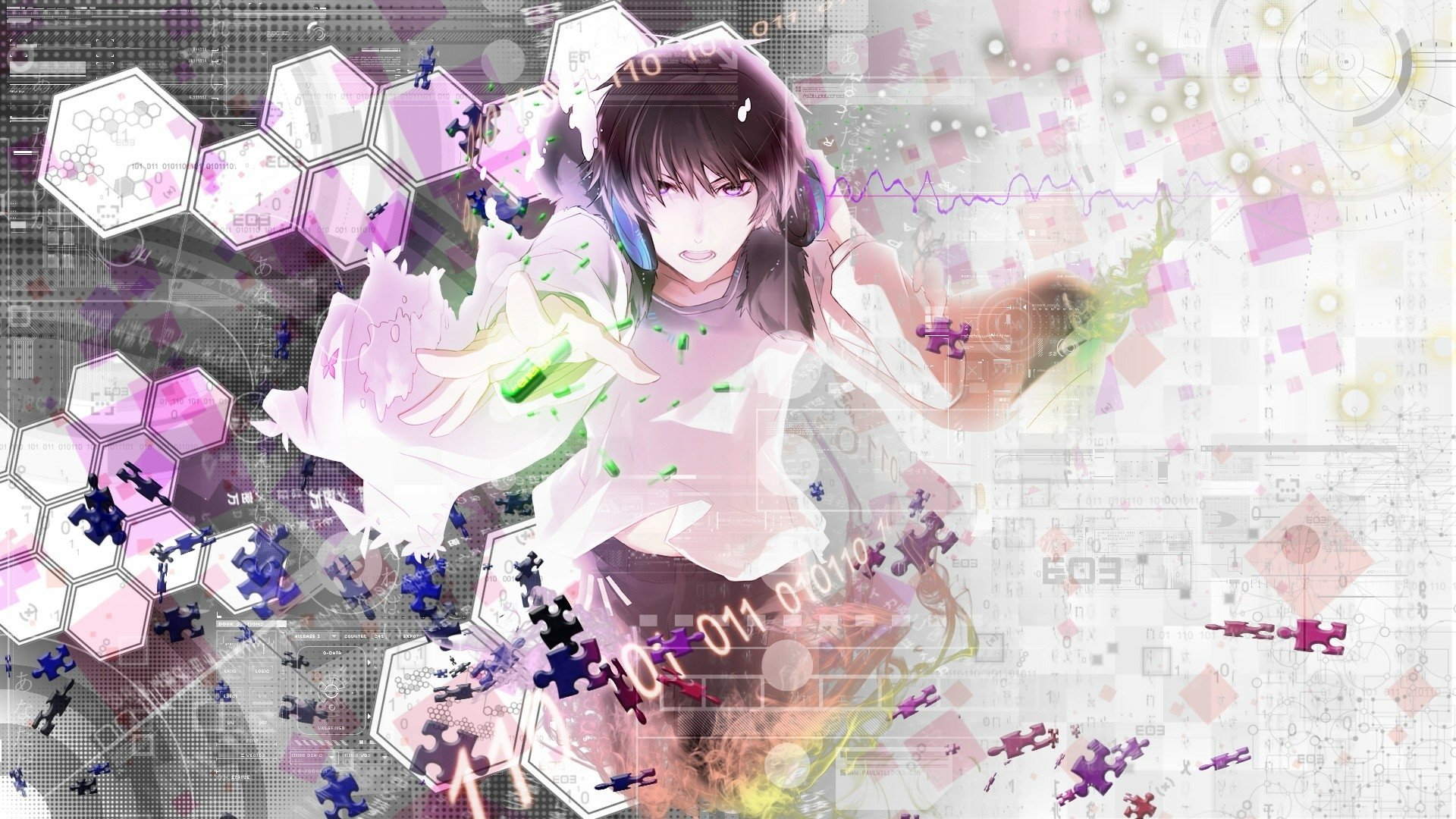 A vibrant HD anime wallpaper featuring a character with short brown hair. The design combines colorful abstract elements and digital graphics, creating an energetic atmosphere.