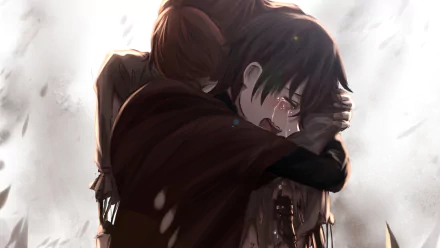 A dramatic HD wallpaper featuring Penny Polendina and Ruby Rose from RWBY, depicting an emotional embrace amidst a somber backdrop, highlighting themes of friendship and loss.