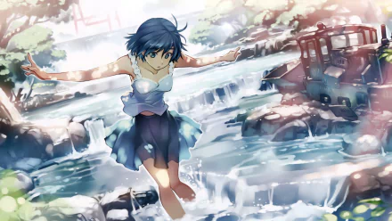 A girl with blue hair and blue eyes joyfully leaps across a waterfall, dressed in a flowing skirt, with sunbeams illuminating the serene scene. An original anime artwork in HD.