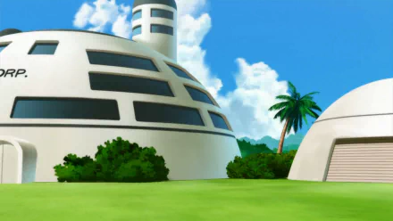 HD PC desktop wallpaper featuring an anime-style landscape from Dragon Ball Z, showcasing futuristic buildings, lush greenery, and a vibrant blue sky with clouds.