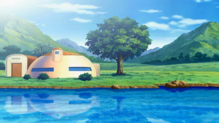 A serene landscape from Dragon Ball Z featuring a tranquil lake, lush green hills, and a distinctive building, creating a vibrant HD desktop wallpaper background.