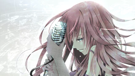 An emotional scene featuring Luka Megurine, an anime Vocaloid, with long pink hair and tears, holding a microphone, set against a soft, ethereal background.