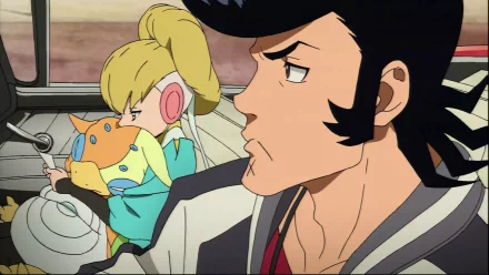 HD desktop wallpaper featuring characters from Space Dandy, with a profile view of Dandy and a blonde character in the background.