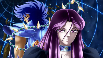 A vibrant HD wallpaper featuring Phoenix Ikki from the anime Saint Seiya, showcasing striking characters against a cosmic backdrop filled with stars.