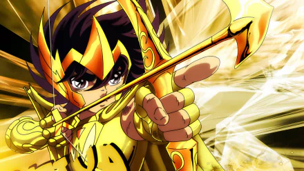 An HD desktop wallpaper featuring Pegasus Seiya from the anime Saint Seiya, depicted in dynamic golden armor, aiming an arrow with a determined expression.
