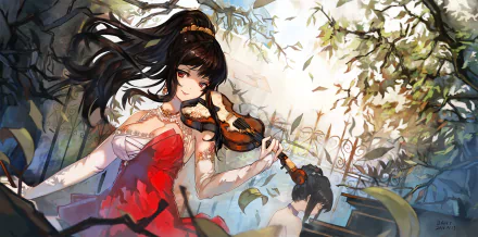 A captivating anime scene featuring a girl with black hair in a ponytail and red eyes, wearing a flowing red dress, playing a violin amid a scenic, leafy background.