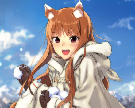 A cheerful Holo from *Spice & Wolf*, with long brown hair and animal ears, enjoys the snow, wearing a cozy white coat and gloves, against a bright blue sky.