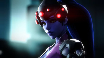 A high-definition desktop wallpaper featuring Widowmaker from the video game Overwatch, showcasing a detailed close-up of the character with a focused, intense expression.