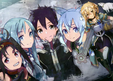 HD desktop wallpaper featuring characters Sinon, Kirito, Asuna Yuuki, and Yuuki Konno from Sword Art Online and Sword Art Online II, showcasing their distinct looks and vibrant expressions.