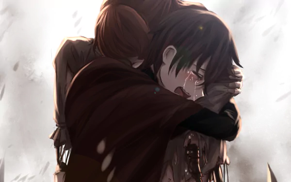 A dramatic HD wallpaper featuring Penny Polendina and Ruby Rose from RWBY, depicting an emotional embrace amidst a somber backdrop, highlighting themes of friendship and loss.
