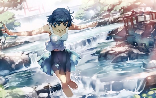Anime Original Short Hair Blue Hair Blue Eyes Skirt Cascada Rayo de sol Tren Fondo de pantalla HD | Fondo de Escritorio