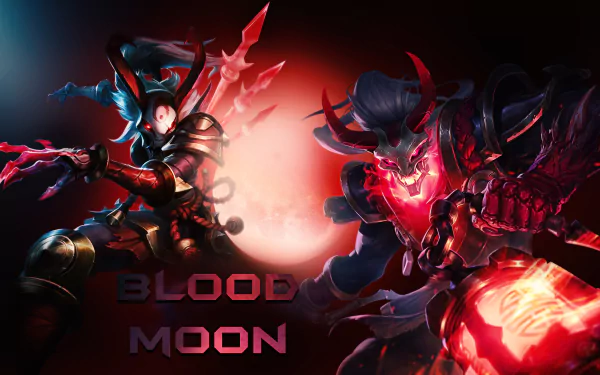 A 4K Ultra HD League of Legends wallpaper featuring Blood Moon Thresh and Kalista in a dark, fiery, supernatural setting.
