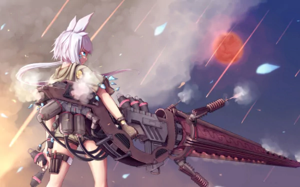A fierce anime warrior with short white hair and animal ears wields a large gun. She stands against a dynamic background, showcasing her blue eyes and confident stance. HD desktop wallpaper.