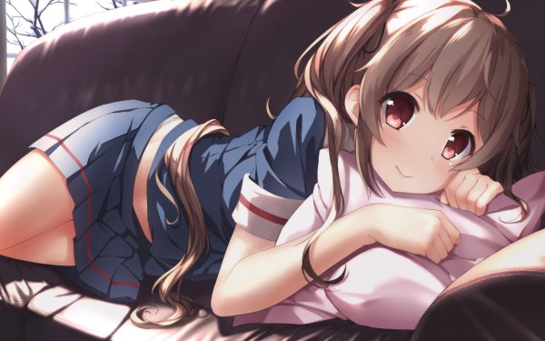 Anime Kantai Collection Murasame Blush Brown Hair Couch Long Hair School Uniform Twintails Red Eyes HD Wallpaper | Background Image