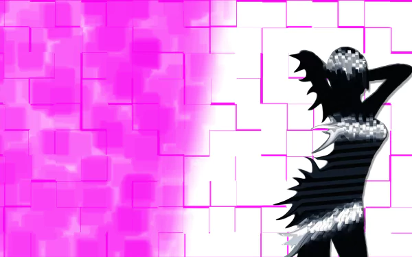 Artistic 4K Ultra HD PC desktop wallpaper of a stylized black-and-white woman silhouette with jagged bat-like wings against a pink-and-white geometric mosaic.