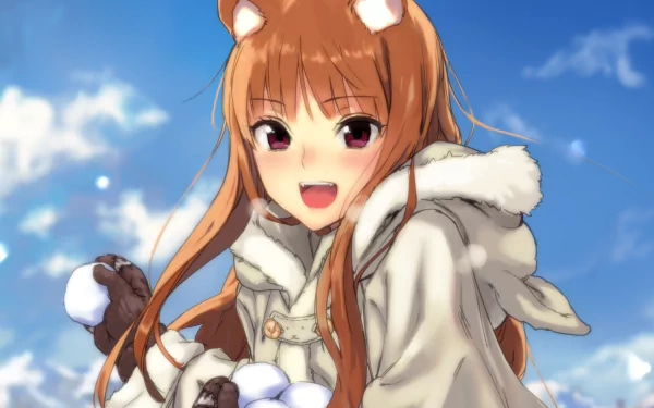 A cheerful Holo from *Spice & Wolf*, with long brown hair and animal ears, enjoys the snow, wearing a cozy white coat and gloves, against a bright blue sky.