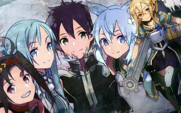 HD desktop wallpaper featuring characters Sinon, Kirito, Asuna Yuuki, and Yuuki Konno from Sword Art Online and Sword Art Online II, showcasing their distinct looks and vibrant expressions.