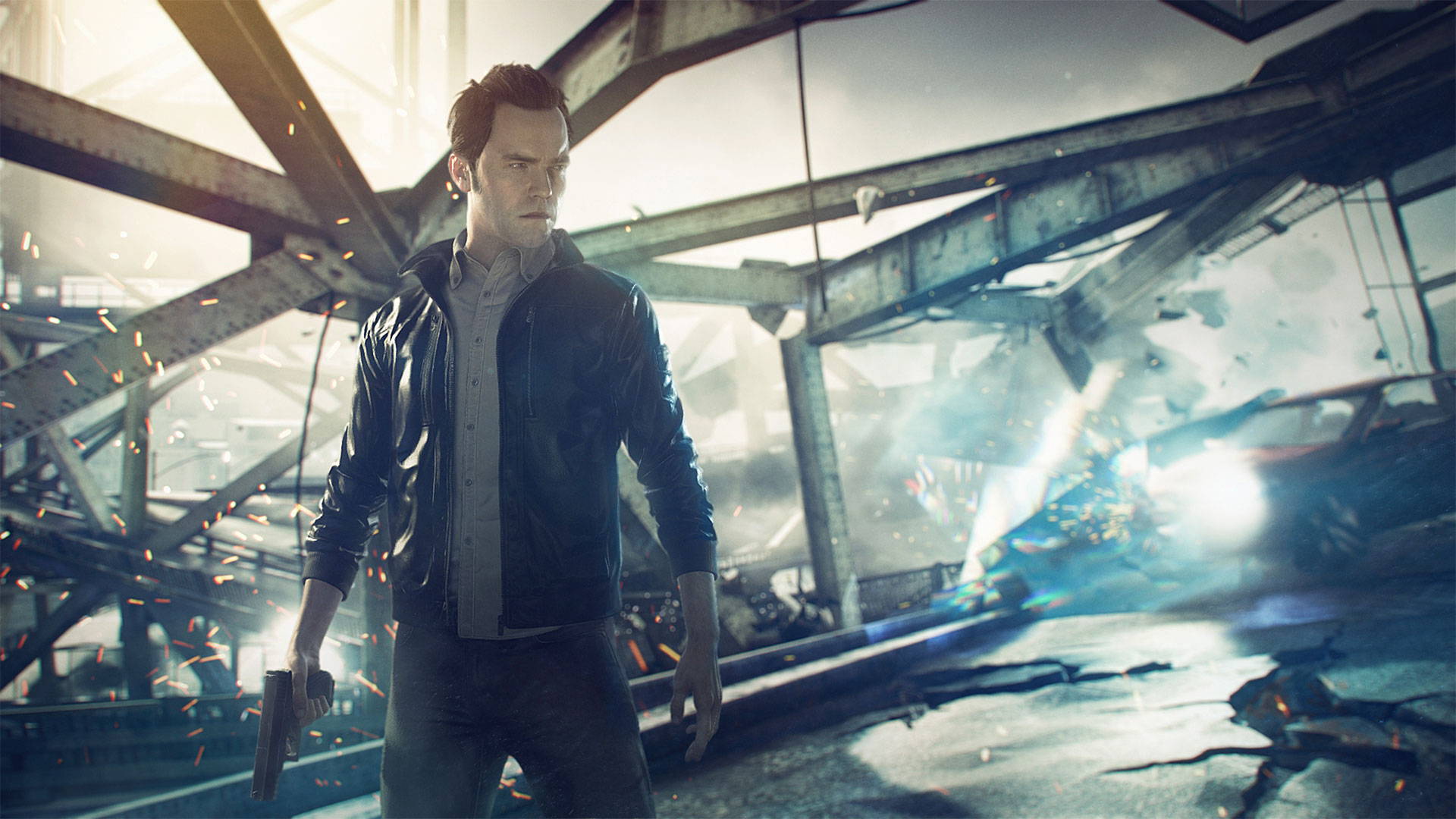 HD wallpaper of Jack Joyce from Quantum Break with a chaotic time-distorted background.