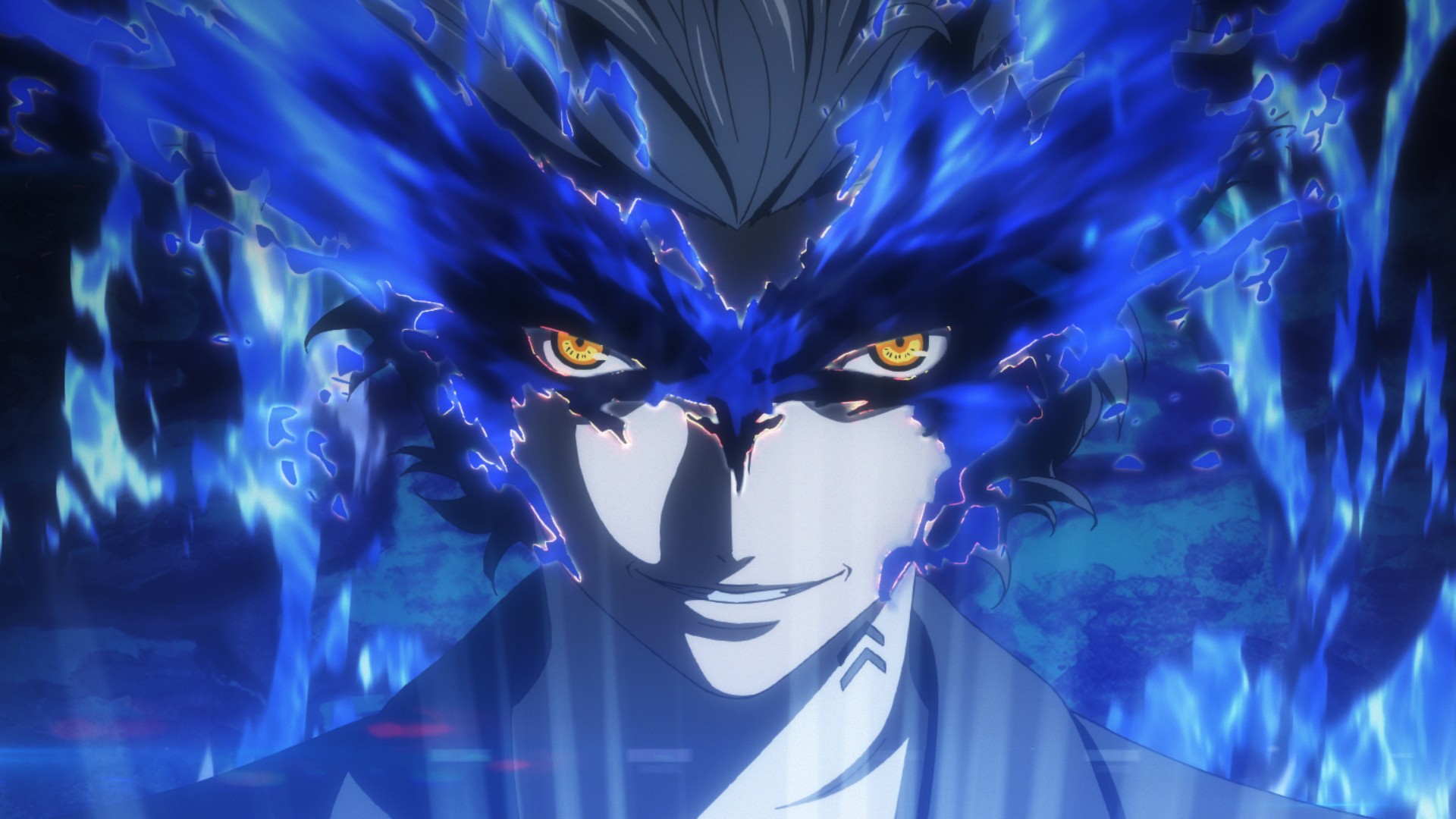 HD desktop wallpaper from Persona 5 featuring a character with a blue-flame mask and intense yellow eyes.