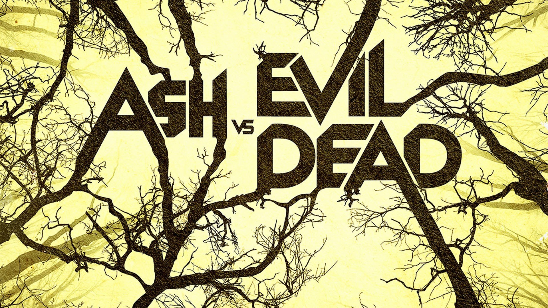 HD PC desktop wallpaper: TV show Ash vs Evil Dead logo over black silhouetted tree branches against a yellow background.