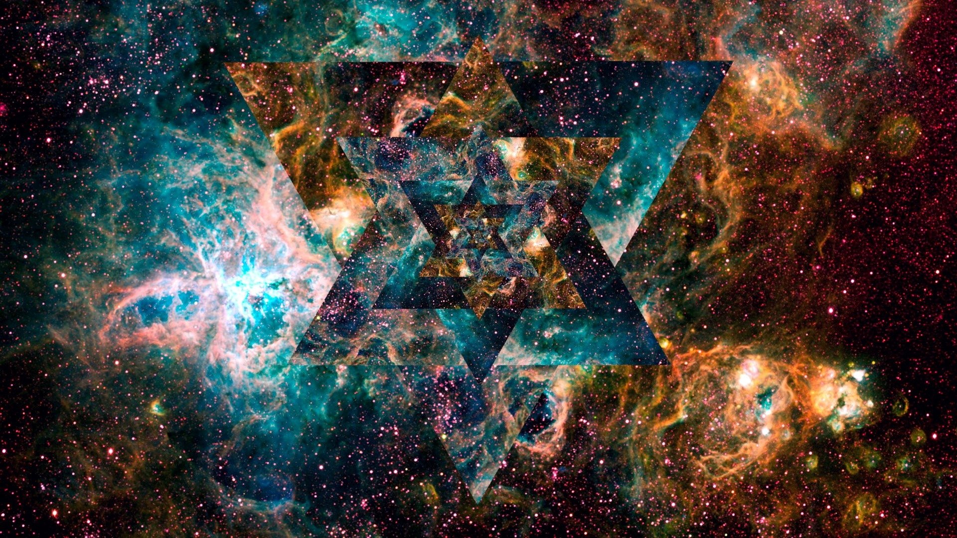 HD PC desktop wallpaper featuring a sci-fi inspired triangular design overlaid on a vibrant, colorful cosmic nebula background.