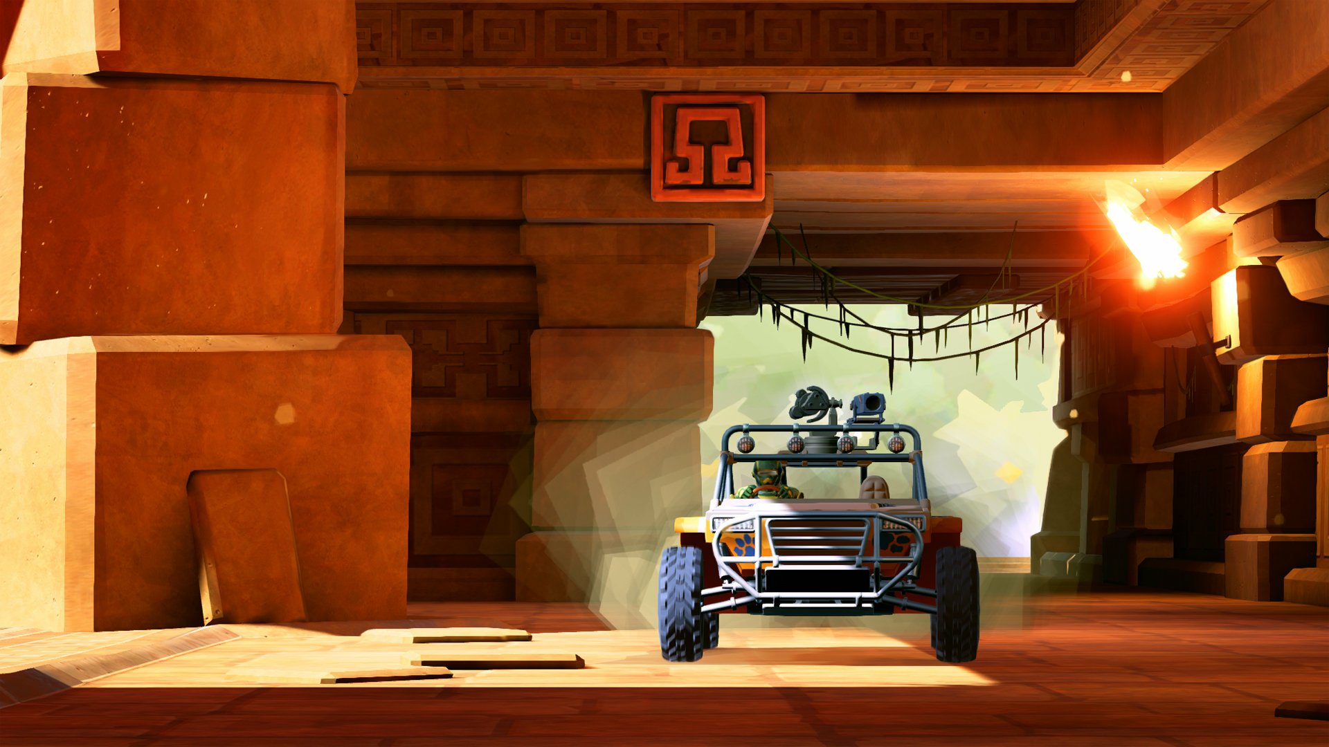 HD desktop wallpaper from Hardware: Rivals featuring a rugged vehicle in a sunlit, ancient temple environment.