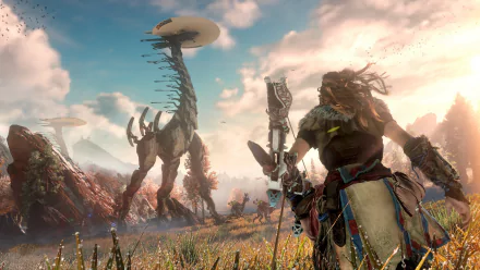 HD wallpaper featuring Aloy from Horizon Zero Dawn, with towering robotic creatures and a vibrant, sunlit landscape.