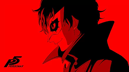 HD desktop wallpaper featuring Joker from Persona 5 on a red and black background.