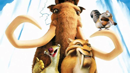 HD desktop wallpaper featuring characters from the Ice Age movie, including Scrat, a mammoth, a saber-toothed cat, and a sloth, against a snowy background.