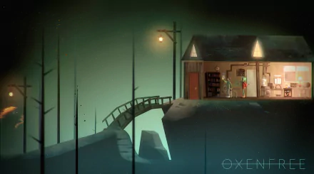 HD desktop wallpaper from Oxenfree featuring a character inside a house by a bridge under eerie green lighting.