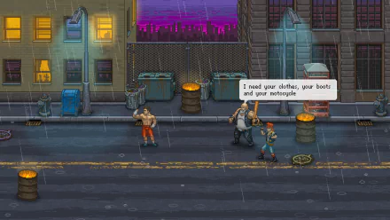 HD wallpaper from Punch Club featuring characters on a city street at night, with a dialogue bubble reading I need your clothes, your boots, and your motorcycle.