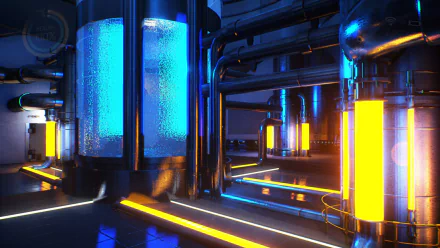 HD wallpaper featuring a futuristic scene from Gemini: Heroes Reborn with glowing blue and yellow tubes in a high-tech facility.