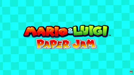 HD desktop wallpaper featuring the logo of Mario & Luigi: Paper Jam against a blue checkered background.
