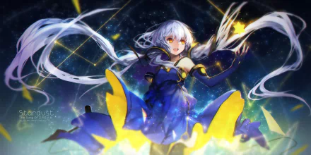 HD PC desktop wallpaper featuring Stardust from Vocaloid in anime style, with glowing stars and cosmic elements surrounding her vibrant blue and yellow dress.