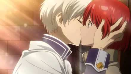 A romantic moment between Shirayuki and Zen Wistalia from Snow White with the Red Hair, captured in a vibrant HD wallpaper, showcasing their affectionate kiss.