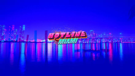 HD PC desktop wallpaper featuring a vibrant neon cityscape from the video game Hotline Miami, with the game's logo prominently displayed against a blue and pink night sky.