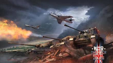 War Thunder video game HD PC desktop wallpaper: armored tanks firing across a ruined battlefield while fighter jets streak through a stormy sky, explosions and smoke filling the scene.