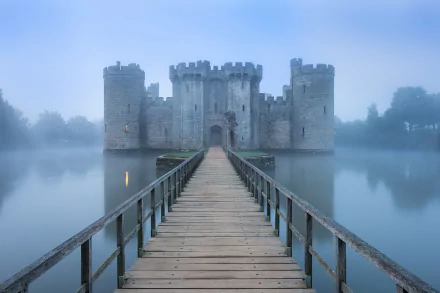 Fog envelops Bodiam Castle reflected in the calm water, with a wooden bridge leading to its medieval stone walls in this HD PC desktop wallpaper.