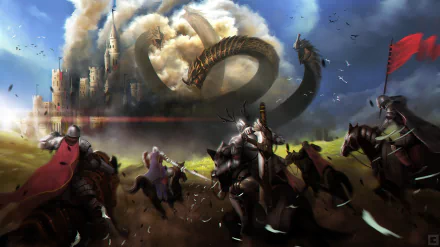 A knight battles a fierce hydra near a grand castle, with warriors on horseback charging into the fray. This vivid fantasy scene captures an epic battle in a dramatic landscape.