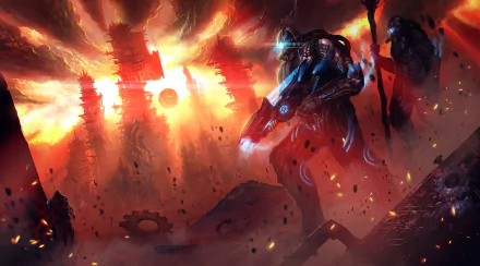 A sci-fi warrior clad in armor wields a gun amid a fiery battle in a futuristic cityscape, with towering structures and intense war-torn skies.