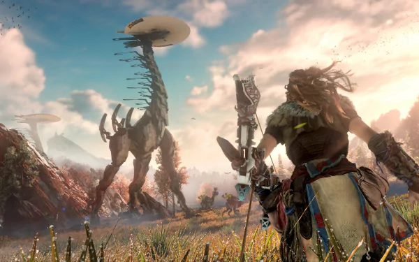 HD wallpaper featuring Aloy from Horizon Zero Dawn, with towering robotic creatures and a vibrant, sunlit landscape.
