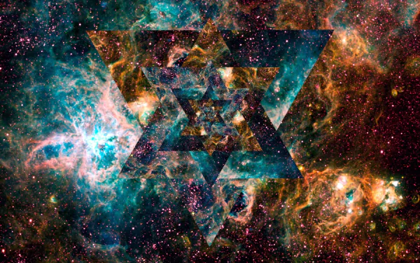 HD PC desktop wallpaper featuring a sci-fi inspired triangular design overlaid on a vibrant, colorful cosmic nebula background.