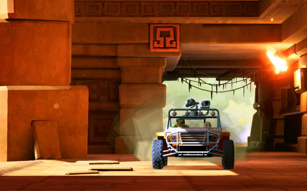 HD desktop wallpaper from Hardware: Rivals featuring a rugged vehicle in a sunlit, ancient temple environment.