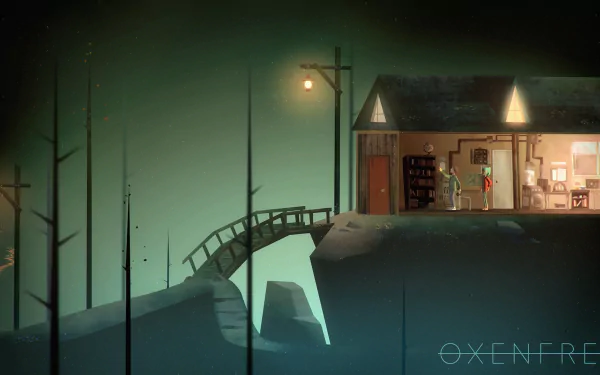 HD desktop wallpaper from Oxenfree featuring a character inside a house by a bridge under eerie green lighting.
