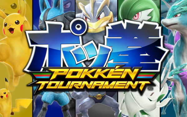 HD desktop wallpaper featuring a collage of Pokémon characters from Pokken Tournament with the game's logo centered.