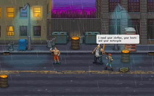 HD wallpaper from Punch Club featuring characters on a city street at night, with a dialogue bubble reading I need your clothes, your boots, and your motorcycle.