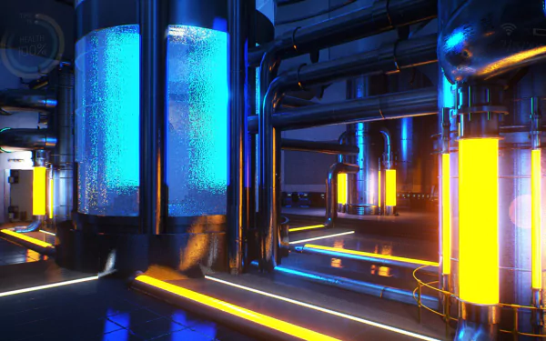 HD wallpaper featuring a futuristic scene from Gemini: Heroes Reborn with glowing blue and yellow tubes in a high-tech facility.